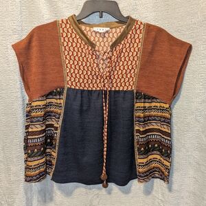 THML Multicolor Boho Blouse Pom Pom Mixed Media Short Sleeve Medium